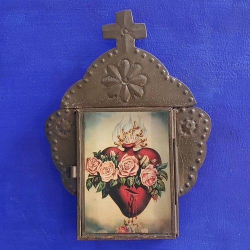 Rustic Mexican Tin Nicho Sacred Heart Crown of Torns Wall Etsy