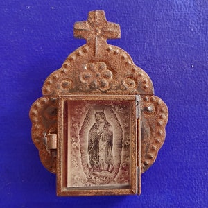 Rustic Mexican Virgen de Guadalupe tin wall hanging nicho folk art rusty engraving Jose Guadalupe Posada Our lady of Guadalupe Altar