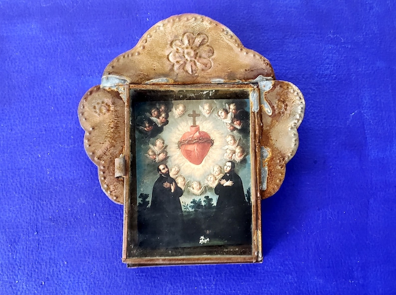 Rustic Mexican Tin Nicho Sacred Heart With Cherubs and Angels Etsy