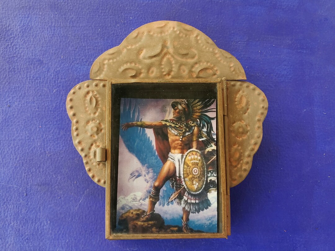 Rustic Mexican Tin Nicho Aztec Warrior Caballero Aguila Eagle Flag ...