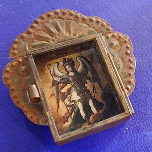 Rustic Mexican Saint Michael the archangel San Miguel Arcangel tin wall hanging nicho folk art rusty Catholic church player altar