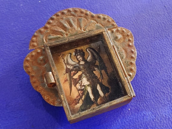 Rustic Mexican Saint Michael the archangel San Miguel Arcangel tin wall hanging nicho folk art rusty Catholic church player altar
