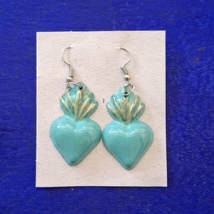 Colorful Mexican Sacred Heart Earrings – Milagro Folk Art Jewelry – Tin light blue Ex-Voto Flame Heart – Handmade Religious Earrings