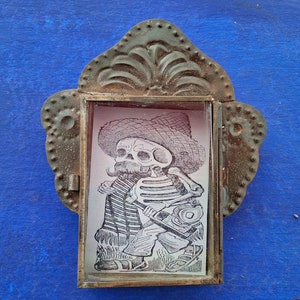 Rustic Mexican tin nicho Day of the dead mexican character with tequila bottle wall hanging folk art rusty shrine shadow box retablo