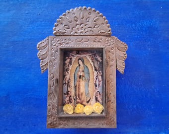 Big Rustic Mexican Our lady of Guadalupe Virgin tin wall hanging nicho folk art rusty cherubs Vintage Mexico, Religious, Christian art