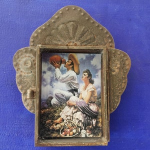 Rustic Mexican tin nicho mexican couple Family antique calendar art wall hanging folk art rusty shrine shadow box art