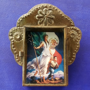 Rustic Mexican tin nicho  Madre Patria Mexican boy flag Jesus Helguera wall hanging folk art rusty  shadow box altar