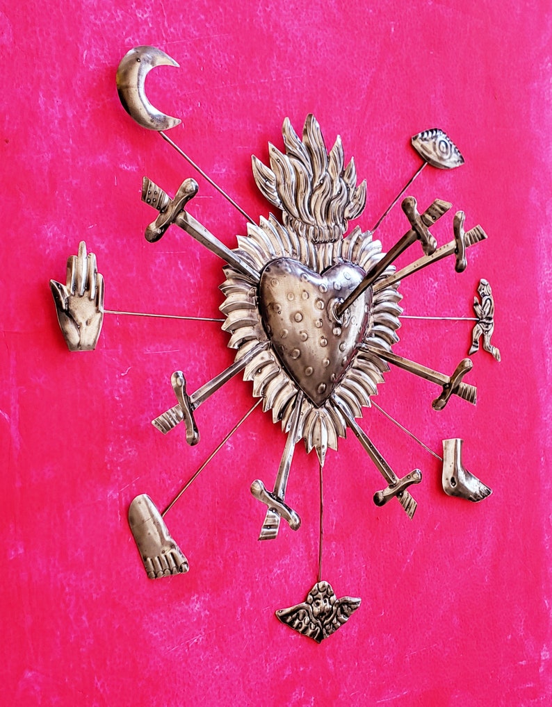 Amazing Sacred heart punched tin Mexican handmade Folk Art milagros entitled Los 7 dolores de María image 4