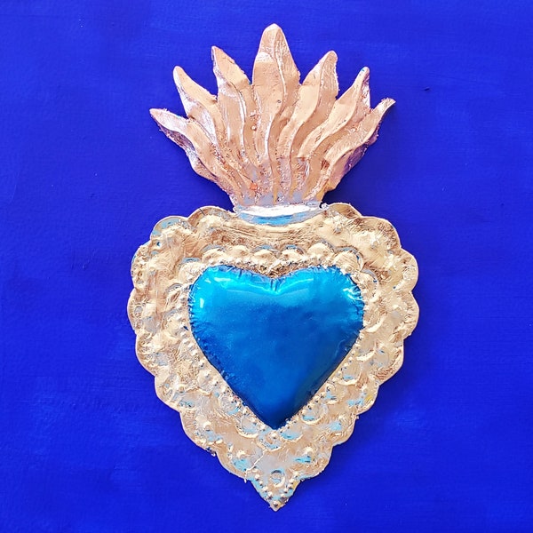 Sacred heart punched tin art colorful devotional art cross milagro mexican folk art blue heart with gold leaf