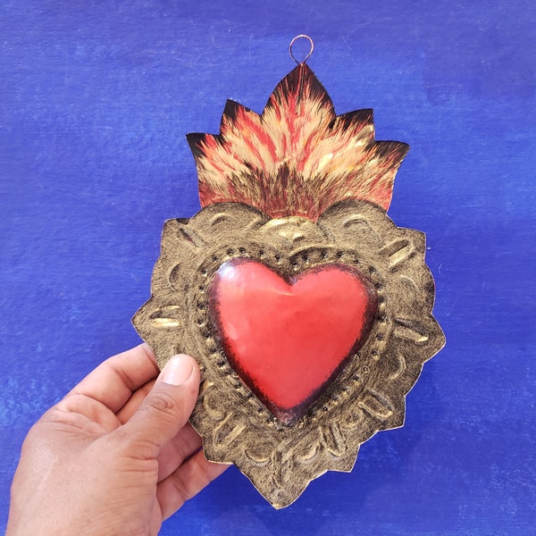 Hard to find Double sided Sacred heart  hanging punched tin art devotional art  milagro mexican folk art gold and red Christmas ornament