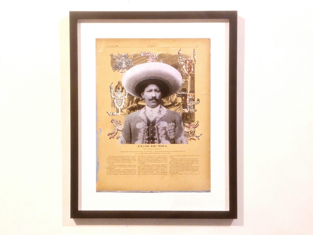 Mexican Bandido Revolution Collage on 1896 Newspaper Wall Decor Wall