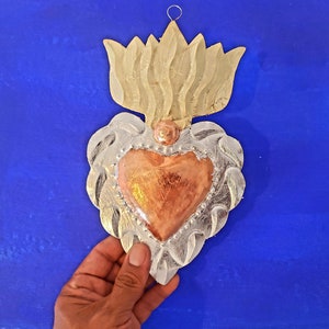 Hard to find Double sided Sacred heart  hanging punched tin art devotional art  milagro mexican folk art silver gold