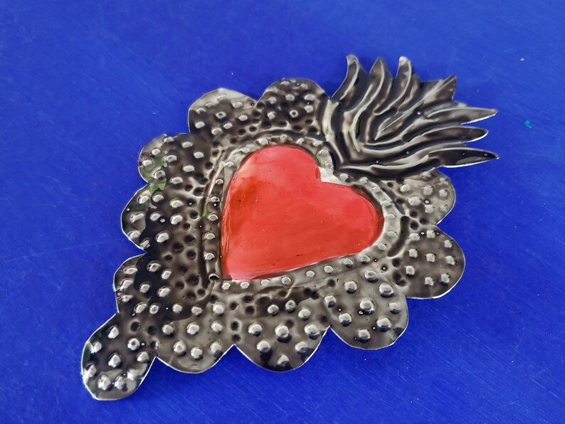 BIG RED TIN SACRED HEART SURROUNDED WITH FLAME ON TOP ART FROM OAXACA MEXICO
