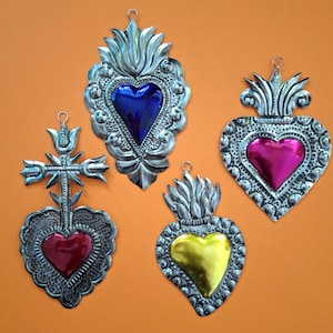 Set of 4 Mexican Sacred Heart Tin Ornaments Colorful Milagro Wall Decor for Home Altar – Handmade Folk Art from Mexico Heart Ex Voto Bundle