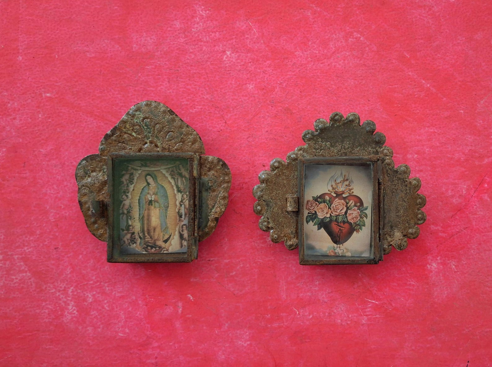 Rustic Mexican tin set 2 nichos Virgin of Guadalupe and Flaming Sacred Heart wall hanging folk art rusty catholic shrine vintage religious