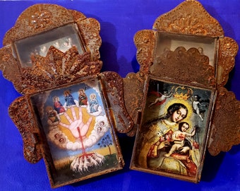 Set of 4 medium size rustic  rusty nichos mexican wall decor Virgin Mary, Virgen de Guadalupe, mighty hand, sacred heart