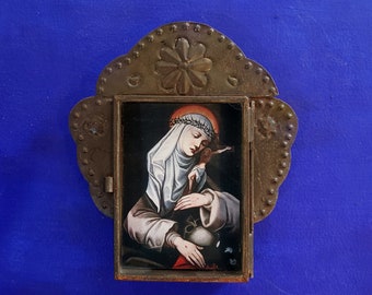 Nicho rústico mexicano de hojalata Santa Catalina de Siena Santa Catalina de Siena colgante de pared arte popular santuario católico oxidado caja de sombra altar monja