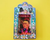 Beautiful Frida Kahlo selfportrait with monkey tin shadow box wall hanging nicho folk art flowers shadow box diorama shrine retablo