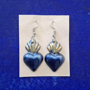 Colorful Mexican Sacred Heart Earrings – Milagro Folk Art Jewelry – Tin Blue Ex-Voto Flame Heart – Handmade Religious Earrings
