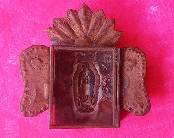 Rustic Mexican folk art Our lady of Guadalupe Virgin tin wall art hanging nicho rusty cherubs Juan Diego Virgen de Guadalupe tepeyac