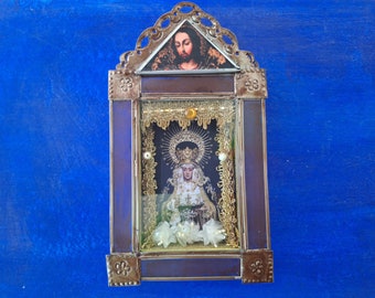Grande niche en verre pour sanctuaire Virgen Maria, tenture murale, art populaire, église catholique mexicaine, boîte de l'ombre du Christ, la Vierge Marie
