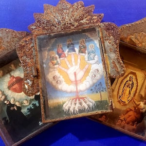 Set of 3 medium size rustic  rusty nichos mexican wall decor Virgin Mary, Virgen de Guadalupe, mighty hand, sacred heart