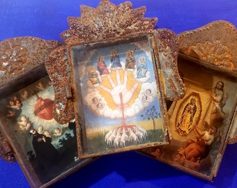 Set of 3 medium size rustic  rusty nichos mexican wall decor Virgin Mary, Virgen de Guadalupe, mighty hand, sacred heart