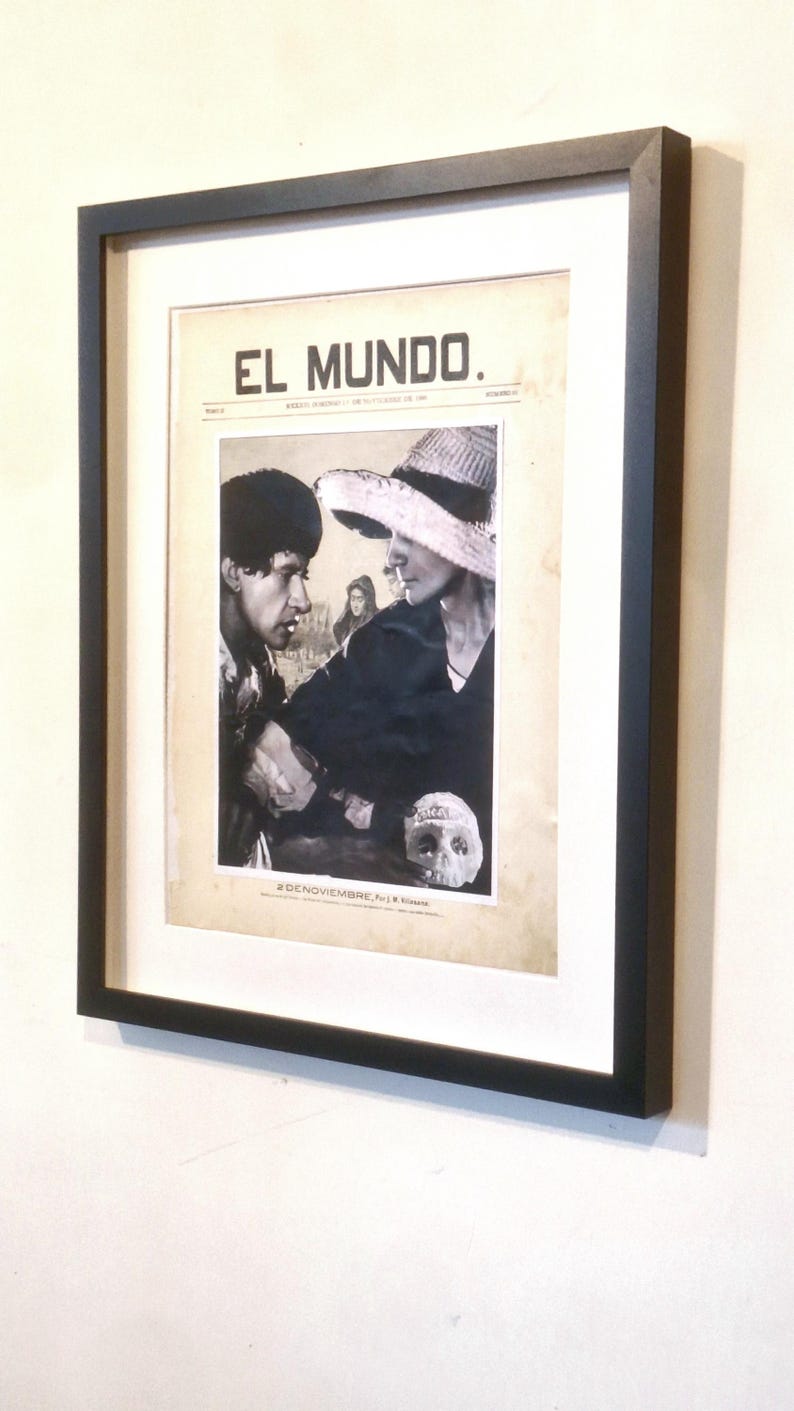 Mexican Macario Day of the Dead Collage on 1896 Newspaper Wall Decor