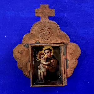 Rustic Mexican San Antonio de Padua Saint Anthony tin wall hanging nicho folk art rusty shrine cross catholic