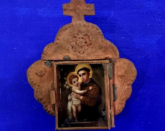 Rustic Mexican San Antonio de Padua Saint Anthony tin wall hanging nicho folk art rusty shrine cross catholic