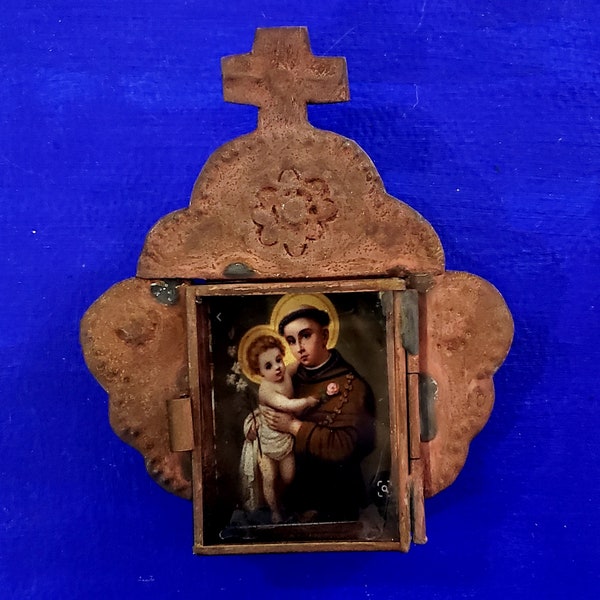 Rustic Mexican San Antonio de Padua Saint Anthony tin wall hanging nicho folk art rusty shrine cross catholic