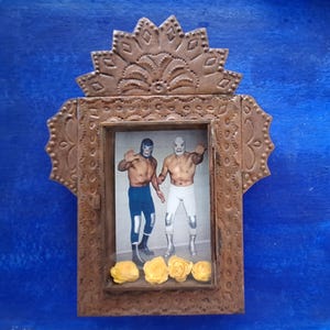 Big Rustic Mexican tin nicho  Mexican Wrestling lucha libre Santo & Blue Demon  wall hanging folk art rusty shrine shadow box mexico