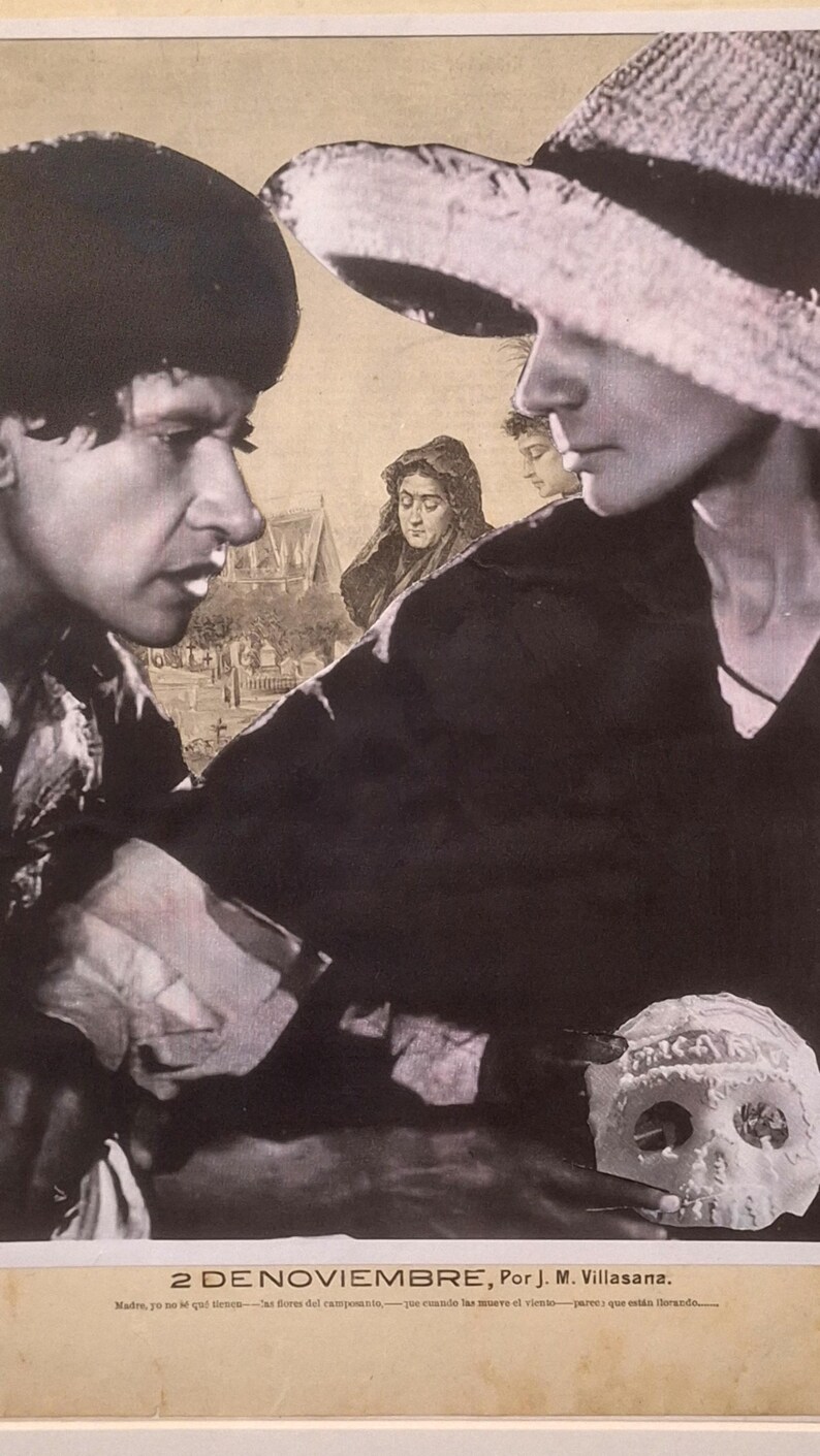 Mexican Macario Day of the Dead Collage on 1896 Newspaper Wall Decor