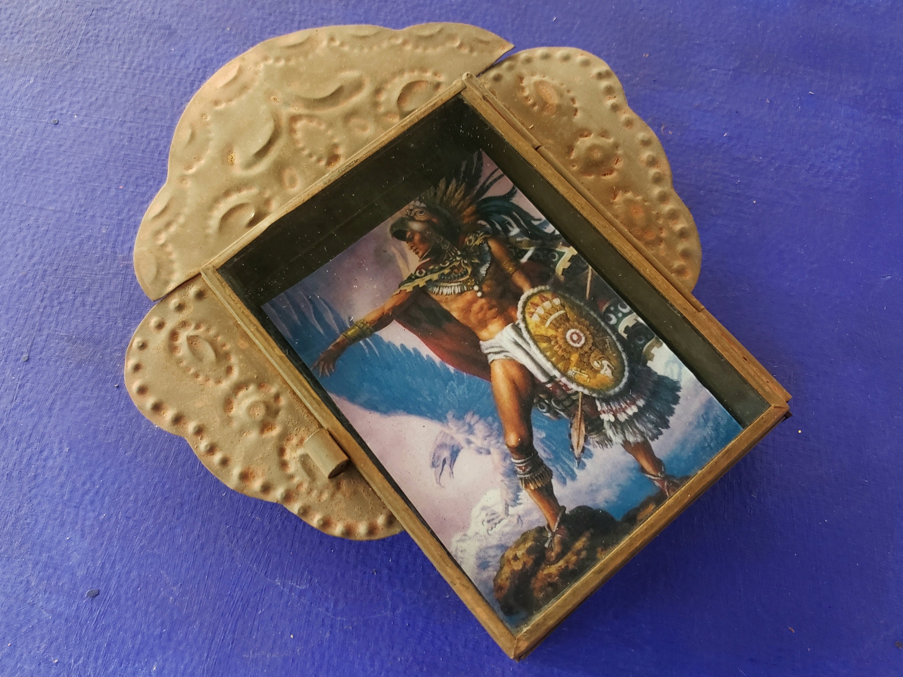 Rustic Mexican Tin Nicho Aztec Warrior Caballero Aguila Eagle Flag ...