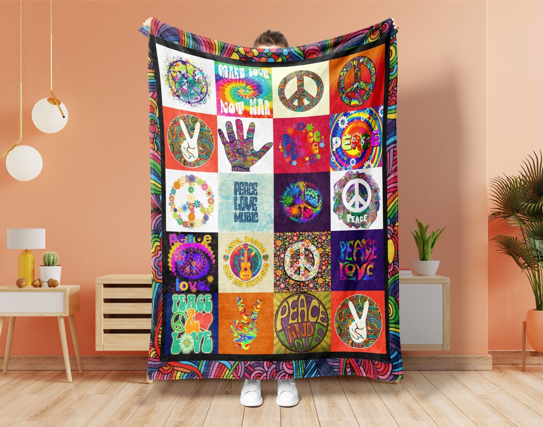Peace Love Hippie Blanket, Hippie Fleece Sherpa Blanket, Hippie Girl Blanket, Gypsy Girl Blanket
