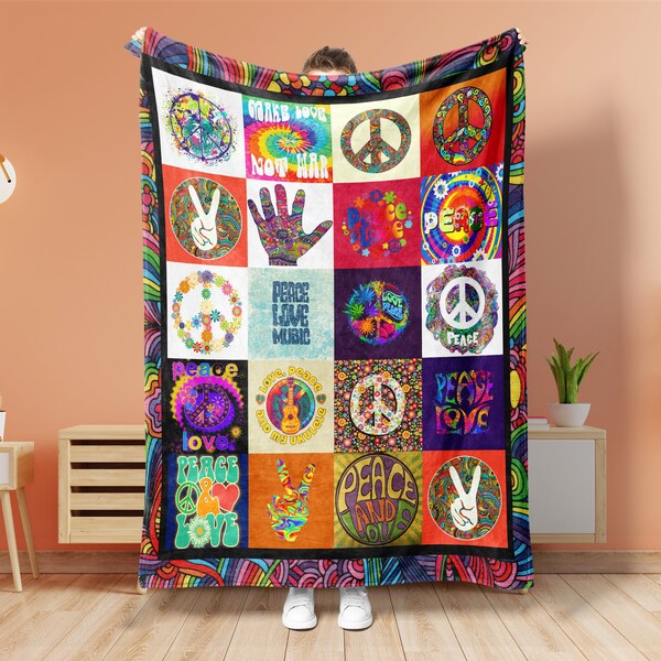 Peace Love Hippie Blanket, Hippie Fleece Sherpa Blanket, Hippie Girl Blanket, Gypsy Girl Blanket, Peace Love Music Blanket, Daughter Blanket