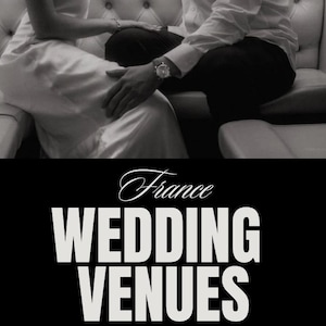 May include: Black and white photo of a couple sitting on a couch. The text "France Wedding Venues" is displayed in white on a black background. The text "Nina Orsimarsi" is displayed in white on a black background below the main text.