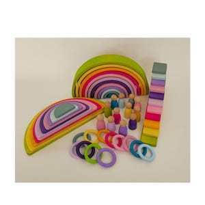 KırtKırt Wooden Pastel Rainbow Stacker | Montessori Learning Material | Waldorf Inspired Rainbow | Open Ended Wooden Set Pastel Set 58 pcs