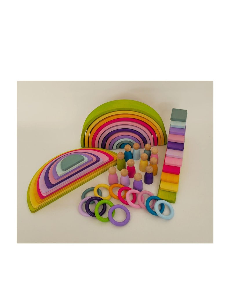 KırtKırt Wooden Pastel Rainbow Stacker | Montessori Learning Material | Waldorf Inspired Rainbow | Open Ended Wooden Set Pastel Set 58 pcs
