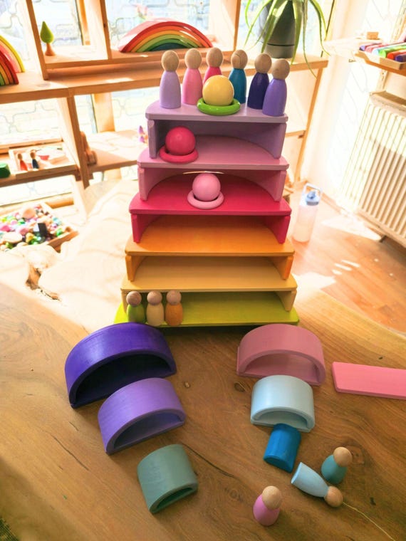 KırtKırt Wooden Pastel Rainbow Stacker | Montessori Learning Material | Waldorf Inspired Rainbow | Open Ended Wooden Set
