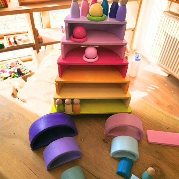 KırtKırt Wooden Rainbow Stacker Toy | Grimms Style Montessori & Waldorf Toy | 12-Piece Open-Ended Wooden Learning Toy