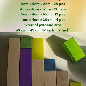 Large Pyramid Building Blocks – 100 Pieces
Block sizes included:
4cm × 4cm × 4cm – 36 pcs
4cm × 4cm × 8cm – 28 pcs
4cm × 4cm × 12cm – 20 pcs
4cm × 4cm × 16cm – 12 pcs
4cm × 4cm × 20cm – 4 pcs
External pyramid size:
43 cm × 43 cm (17 inch × 17 inch)