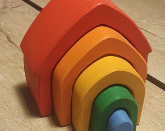 Wooden Rainbow Stacking House | Montessori Toy & Nursery Decor | Open-Ended Play