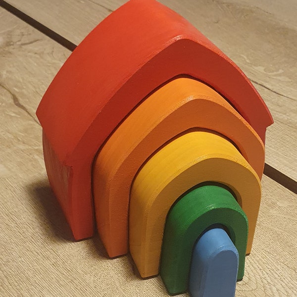 Wooden Rainbow Stacking House | Montessori Toy & Nursery Decor | Open-Ended Play