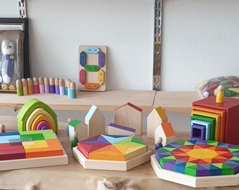 Waldorf Educational Toys - Building Blocks - large pyramid - Large Octagon - Square Set - Color Star - Gifts for Toddlers