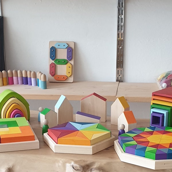 Waldorf Educational Toys - Building Blocks - large pyramid - Large Octagon - Square Set - Color Star - Gifts for Toddlers