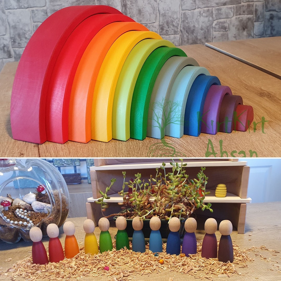 Wooden Waldorf Rainbow Stacker Toy Grimms Style 1 Age With Peg Dolls 24 ...