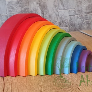 Wooden Waldorf Rainbow Stacker Toy Grimms Style +1 Age 12 pcs. Montessori Stacking Open Ended Educational Gift for Toddlers