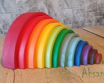 Giocattolo impilabile Waldorf Rainbow in legno stile Grimms +1 età 12 pz. Regalo educativo Montessori impilabile e aperto per i più piccoli