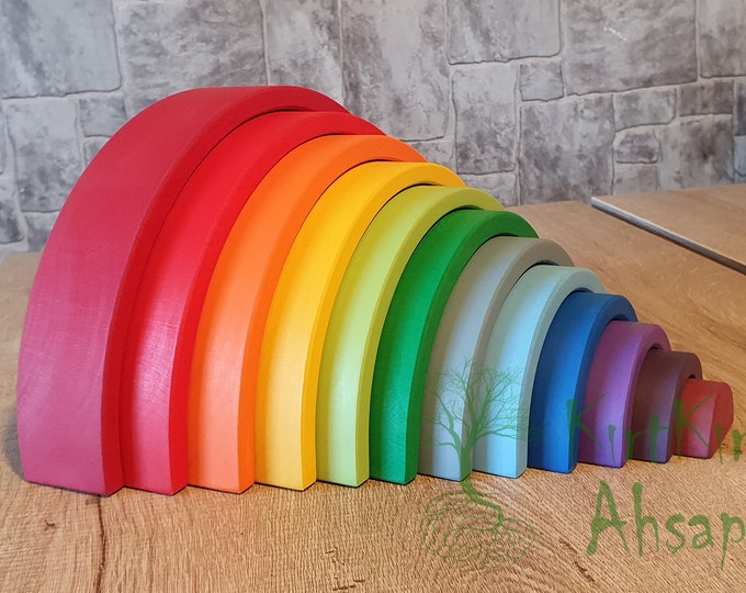 Featured listing image: Wooden Rainbow Stacker Toy Grimms Style +1 Age 12 pcs. Montessori Stacking Open Ended Educational Gift for Toddlers